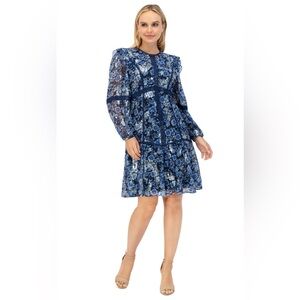 Eliza J Blue Floral Lace Trim Balloon Sleeve Knee Length Cocktail Dress Size 4